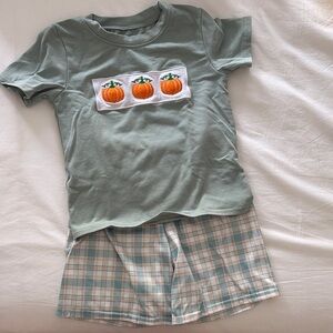 Pumpkin Embroidered Green T-Shirt and Plaid Shorts Set
